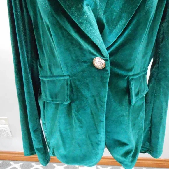 Women's Dark Green Velvet One Button Lapel Collared Blazer Slim Fit Jacket Sz-L? - Picture 2 of 7